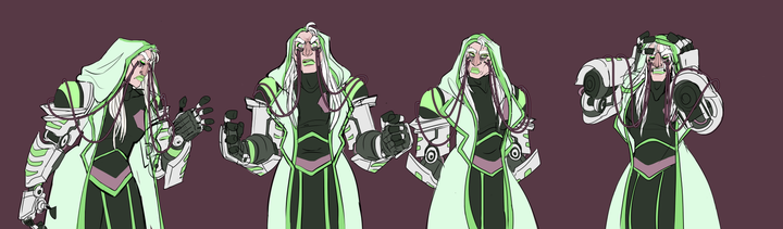 A reference sheet of several poses of a character in futuristic garb. They have two silver prosthetic arms with glowing green accents, and wear a long pale labcoat.