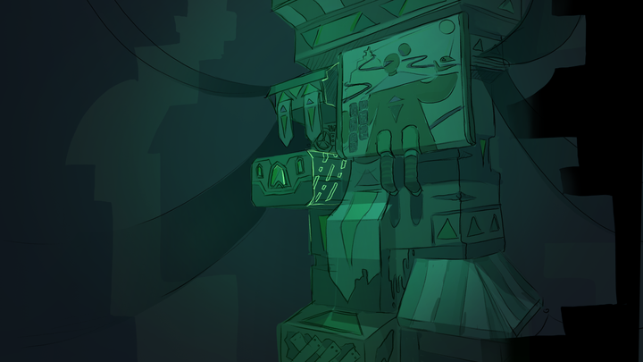 Concept art of a dingy, green-lit subterranian area of a city. There are futuristic billboards and banners featuring triangular insignias, and boarded-up apartments.