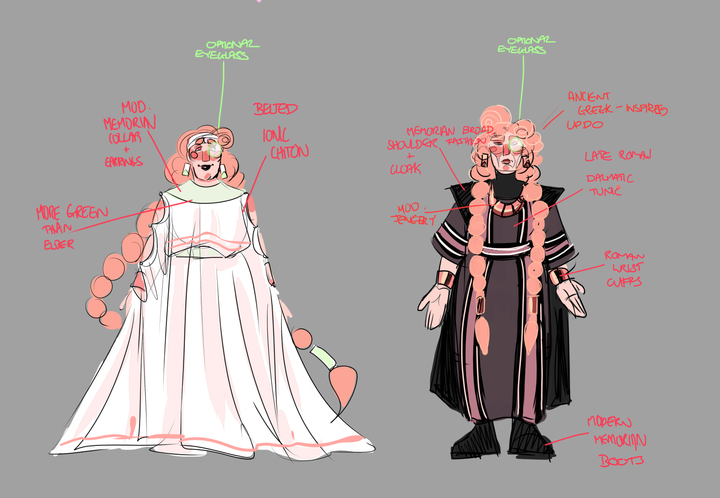 An outfit design sheet of a broad, pale woman. In one outfit she is wearing a greek chiton styled in a futuristic manner, in the next she is wearing a long, dark tunic with roman jewelry and shoulderpads.