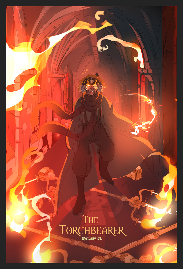 Art of a man in a trenchcoat and flaming hands, walking through a devastated church hall. The entire hall is burning.